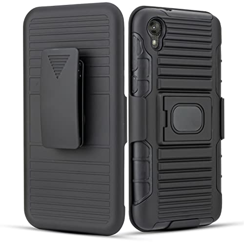 E6 Case, for Motorola Moto E6/ Moto E 6th Gen (MOTXT20051) Full Body Armor Rugged Holster Defender Hybrid Tough Case with 360 Swivel Belt Clip & Built in Screen Protector (Black)