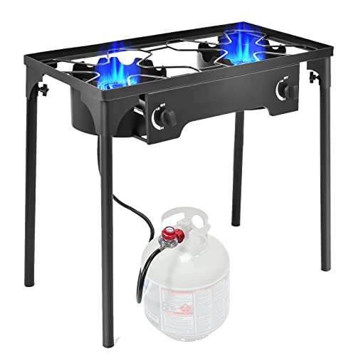 Goplus Outdoor Camping Stove, Dual Burner Propane Gas Cooker w/Detachable Legs & 0-20 PSI Regulator & CSA Approval for Camp Paito RV, Cast Iron, 150,000-BTU