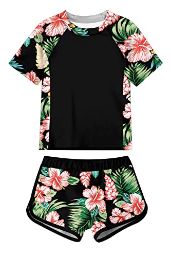 Swimsuit for Girls Floral Two Piece Tankini Set Rash Guard Black Swimming Shirt with Shorts Size 13 14 Years Quick Dry Hawaii Beachwear