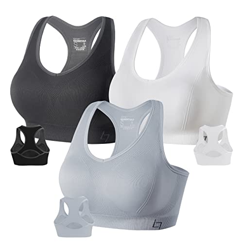 FITTIN Supportive Sports Bras for Women Pack of 3- Padded Seamless Medium Support for Yoga Gym Workout Fitness, Black/White/Silver Grey