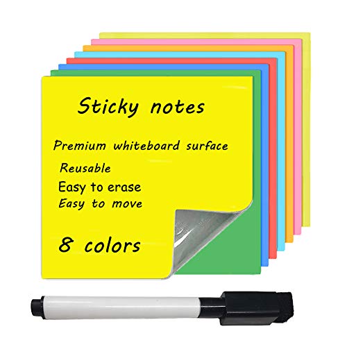 Dry Erase Sticky Notes | Reusable Small Whiteboard Stickers (4X4 in) Suitable for All Smooth Surface Washable & Removable Easy to Post for Office, Home, Eco-Friendly, 8 Colors