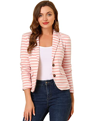 Allegra K Women's Notched Lapel Pocket Button Closure Striped Blazer X-Large White Pink
