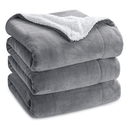 Bedsure Sherpa Fleece Blankets Queen Size for Bed - Thick and Warm Blanket for Winter, Soft Fuzzy Plush Queen Blanket for All Seasons, Grey, 90x90 Inches