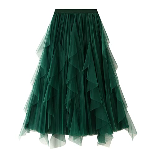 Dirholl Women's A-Line Fairy Elastic Waist Tulle Midi Skirt Scallop Green