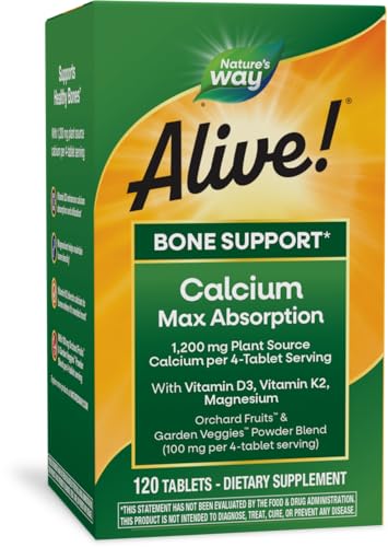 Nature's Way Alive! Calcium Max Absorption, Bone Support*, Plant Source Calcium, Vitamin D3 & K2, Magnesium, 120 Tablets (Packaging May Vary)