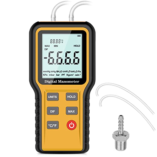 Manometer, Professional Air Pressure Meter, Dual-Port HVAC Digital Manometer Gas Pressure Tester,12 Selectable Units Differential Pressure Gauge, (Included Battery)