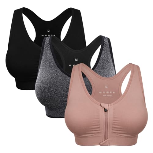 Women's Zip Front Sports Bra Wireless Post-Surgery Bra Zipper Closure Bras Padded Surgical Bra Racerback Workout Bras Yoga Sports Bra Zip Up Compression Bra (Large, 3 Pack(Black+Grey+Bean Paste))