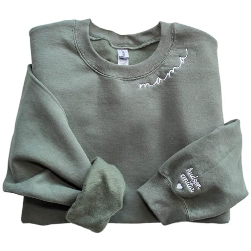 Pofily Custom Mama Embroidered Sweatshirt With Kids Names Sleeve-New Mom Gift Personalized, Mama Birthday, Mom Mommy Nana Gigi Hoodie