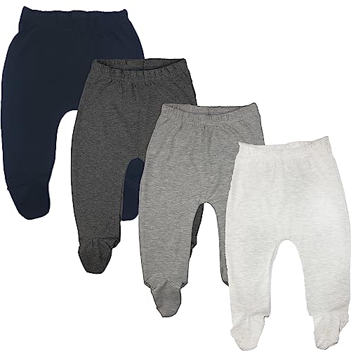 123 Bear Baby Soft Cotton Spandex Pants with Feet (Gray- 4-Pack, Newborn)