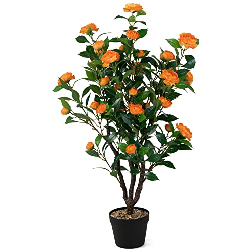 Goplus 40” Artificial Camellia Tree, Flower Plants Artificial Tree, Faux Floral Plant Blooming Tree in Cement Pot, Greenery Potted Plant for Indoor Outdoor Office Home Porch Decor, Free Maintenance