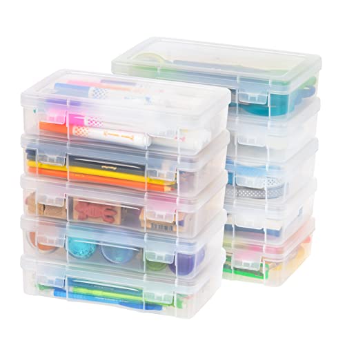 IRIS USA 10 Pack Medium Plastic Hobby Art Craft Supply Organizer Storage Containers with Latching Lid, for Pens & Pencils, Ribbons, Wahi Tape, Beads, Sticker, Yarn, Ornaments, Stackable, Clear