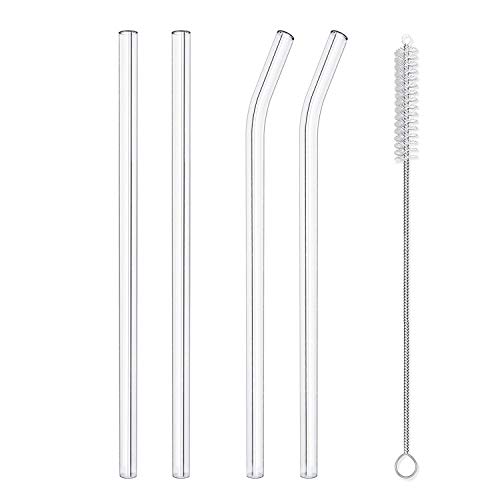 Hiware Reusable Glass Straws Set, 4-piece Drinking Straws with Cleaning Brush, 10' x 10 mm, Dishwasher Safe