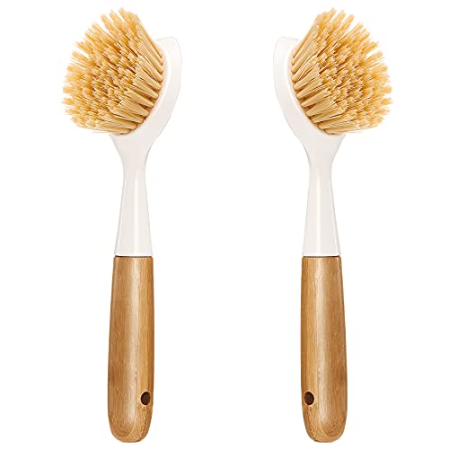2 Pack Kitchen Dish Brush Bamboo Handle Dish Scrubber Built-in Scraper, Scrub Brush for Pans, Pots, Kitchen Sink Cleaning, Dishwashing and Cleaning Brushes are Perfect Cleaning Tools, White