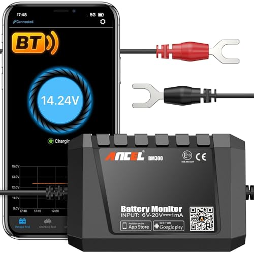 ANCEL BM300 12V Battery Monitor - Bluetooth 4.0 Automotive Voltmeter with Charging, Cranking System Test & Alarm - Compatible for Solar Power Systems, RVs, Motorcycles, Boats, Cars, and Trucks