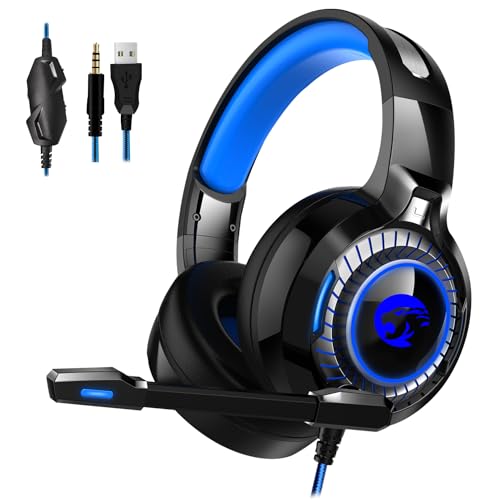 LETTON Gaming Headset for Xbox One/PC/PS4/PS5, Stereo Surround Sound Gaming Headphones with Noise Canceling Flexible Mic, Computer Headset with 3.5mm Jack and RGB Light(Blue)