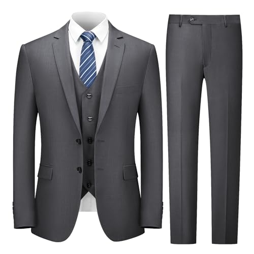 Cooper & Nelson 3 Piece Mens Suit Set, 2 Button Slim Fit Suit for Men, Solid Jacket, Vest, Pants and Tie Dark Grey M