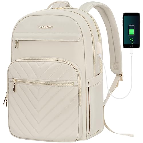VANKEAN 15.6 Inch Laptop Backpack for Women Work Laptop Bag Fashion with USB Port, Waterproof Backpacks Stylish Travel Bags Casual Daypacks for College, Business, Beige