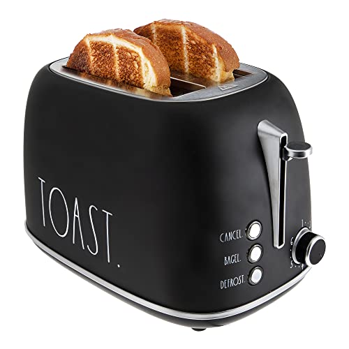 Rae Dunn Retro Rounded Bread Toaster, 2 Slice Stainless Steel Toaster with Removable Crumb Tray, Wide Slot with 6 Browning Levels, Bagel, Defrost and Cancel Options (Black)