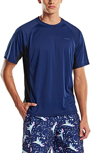 TSLA Men's Rashguard Swim Shirts, UPF 50+ Protection Quick Dry, Stretch Comfort Fit, Flatlock Seams, Outdoor & Water Sports, Sun Protection Shirts Navy & Black, Medium