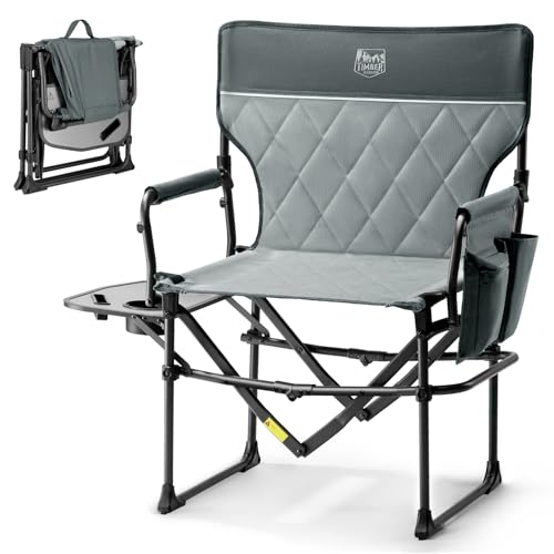 TIMBER RIDGE Heavy Duty Camping Chair with Compact Size, Portable Directors Chair with Side Table and Pocket for Camping, Lawn, Sports and Fishing, Supports Up to 400lbs,Gray