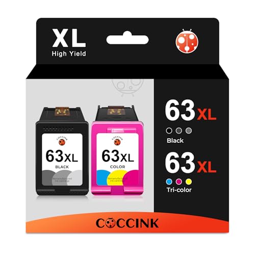 COCCINK 63XL Ink Cartridge Replacement for HP Officejet 5255 5258 4652 4655 3830 3836 Deskjet 3630 3631 3632 2130 1110 Envy 4511 4512 4520 Printer Ink for HP 63 XL HP63 HP63XL (1 Black, 1 Tri-Color)