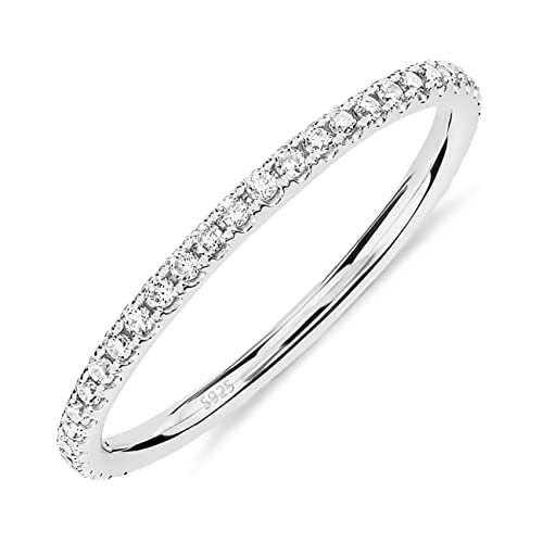 PAVOI Rhodium Plated 925 Sterling Silver Stackable CZ Ring for Women | Thin Band for Stacking | Simulated Diamond Eternity Wedding Band | Size 6