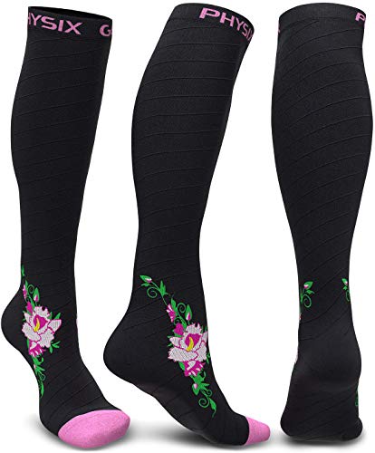 Physix Gear Compression Socks 20-30 mmHg - Men & Women - Running, Nurses, Shin Splints, Flight, Travel (BLACK / PINK FLOWER-L/XL)