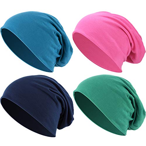 Outus 4 Pieces Thin Knit Slouchy Cap Beanies Hat Unisex Hip-Hop Sleep Cap Dwarf Hat (Lake Blue, Dark Green, Pink, Navy Blue)