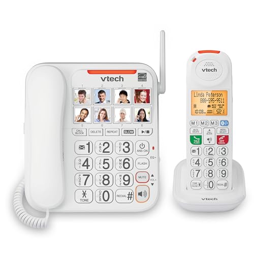 VTech SN5147 Amplified Corded/Cordless Senior Phone with Answering Machine, Call Blocking, 90dB Extra-loud Visual Ringer, One-touch Audio Assist on Handset up to 50dB, White