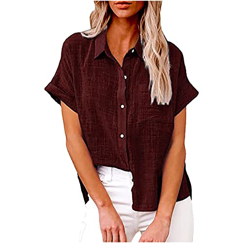 SMIDOW Womens Button Down Cotton Linen Shirts V Neck Roll Up Short|Long Sleeve Blouses Loose Collared Shirt Casual Work Tops