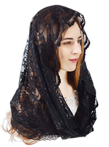 PAMOR Infinity Chapel Veil Floral Latin Mass Head Covering Lace Scarf Mantilla Veils for Church (Black)
