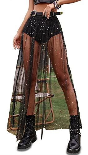 Rave Outfits for Women 2 in 1 Sheer Skirt Festival Clubwear Mesh High Waist Print A Line Maxi Skirt Black2# Star-M