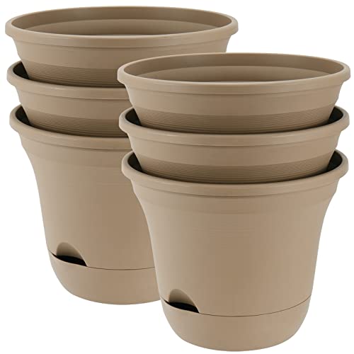 SEHOI 6 Pack 9.5 Inch Self Watering Planter Pot, Plastic Self Watering Flare Flower Pot with Water Reservoir, Deep Planter Pot Container for Garden Indoor Plants Home Decoration, Brown
