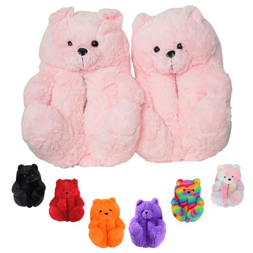 ROVANCHY Teddy Bears Slippers Pink Fluffy Shoe Cute House Animal Slippers For Women Fuzzy Cartoon Papa Bear Sneaker Slippers Girls Christmas Valentine Birthday Gifts