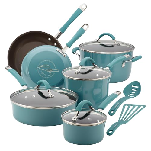 Rachael Ray Cucina Nonstick Cookware Pots and Pans Set, 12 Piece, Agave Blue