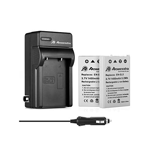 Powerextra 2 Pack EN-EL5 Replacement Battery and Charger Compatible with Nikon CoolPix P530, P520, P510, P100, P500, P5100, P5000, P6000, P90, P80, 4200, 5900, 7900, P3, P4, S10 Cameras