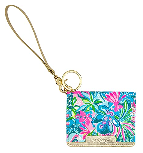 Lilly Pulitzer Snap ID Card Case, Cute Blue Keychain Wallet, Slim Credit Card Holder with Wristlet Strap, Golden Hour