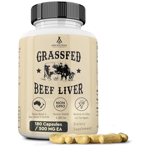 Ancestral Supplements Grass Fed Beef Liver 180 Capsules, Supports Energy Production, Detoxification, Digestion, Immunity and Full Body Wellness, Non-GMO, Freeze Dried Liver Health Supplement