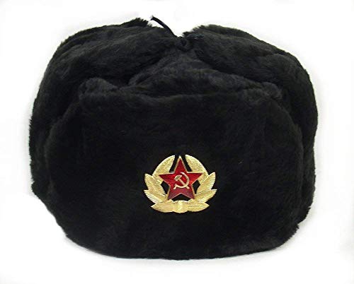 SIBERHAT Russian Soviet Army Black KGB Fur Military Cossack Ushanka Hat Size M