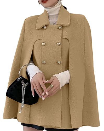 CHARTOU Women's Elegant Poncho Double-Breast Slit Sleeve Flowy Wool Blend Cape Cloak Coat (One Size, Khaki)