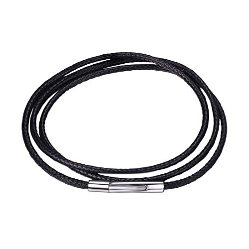 U7 Black Leather Cord Necklace with Stainless Steel Clasp, Men Women 2mm Wide Woven Wax Rope Chain for Pendant, Length 20 Inch