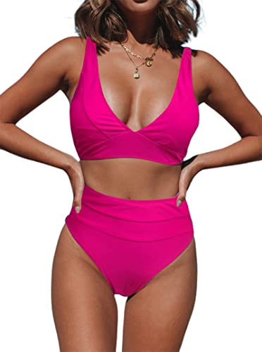 Hilinker Women's Leopard Bikini Swimsuits V Neck High Waisted 2 Piece Bathing Suits (as1, Alpha, l, Regular, Regular, Hot Pink)