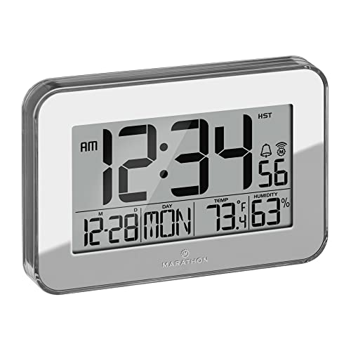 MARATHON Crystal Framed Atomic Wall Clock, Silver - Large, 7.5-Inch Display - AM/PM or 24-Hour Time Format, Eight Time Zones, Indoor Temperature & Humidity - Two AA Batteries Included