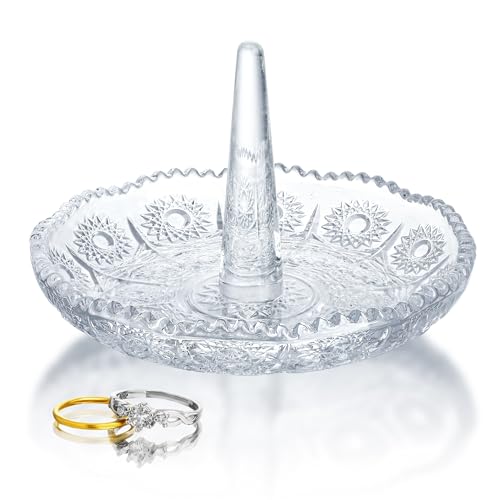 H&D Crystal Ring Holder Dish, Clear Glass Ring Holder for Jewelry,Round Ring Holder Tray for Rings Earrings Necklace Organizer