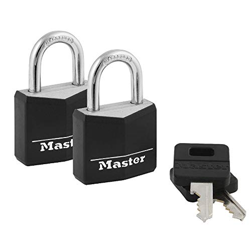 Master Lock Covered Aluminum Padlocks, Small Locks with Keys, Keyed Alike Padlocks, 2 Pack, Black, ‎131T