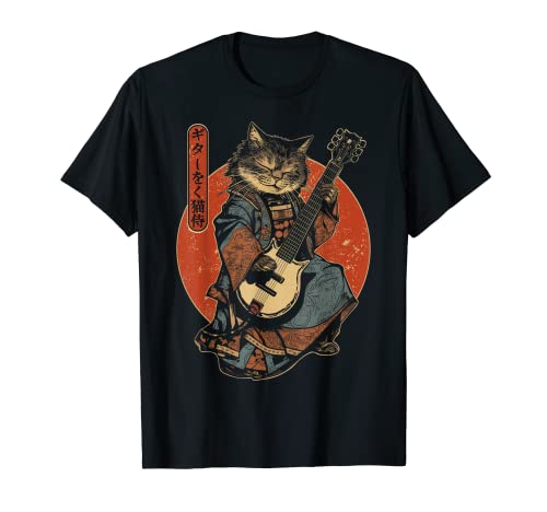 Japanese Samurai Cat Playing The Electric Guitar T-Shirt