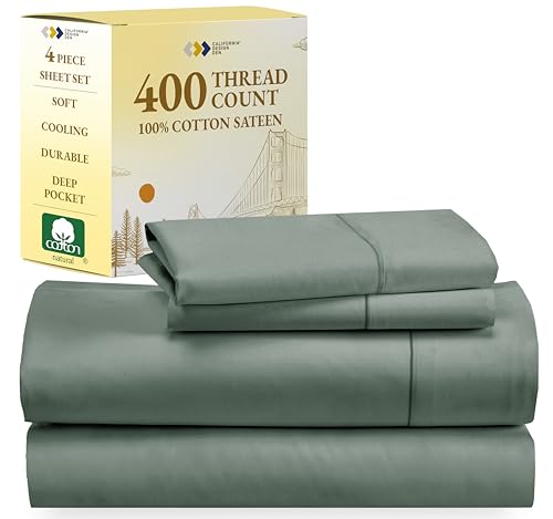 California Design Den 100% Cotton Sheets - Softest 4-Pc Set, Cooling Sheets for Bed, Deep Pockets, 400 Thread Count Sateen,Bedding Sheets & Pillowcases,Queen Sheets(Sage Green)