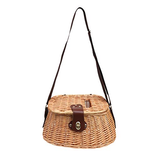 Syhonic Classical Vintage Fish Basket,Wicker Fisherman Traps Cage Bass Trout Perch Fish Case with Adjustable Shoulder Strap(Brown)