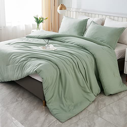 Litanika Queen Comforter Set Sage Green, 3 Pieces Boho Lightweight Solid Bedding Comforters Sets, Double Down Alternative Comforter Bed Set (90x90In Comforter & 2 Pillowcases)