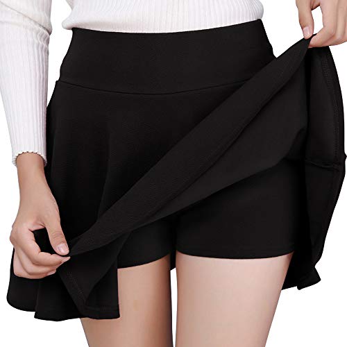 DJT FASHION Women's Casual Mini Flared Pleated Skater Skirt with Shorts Medium Black